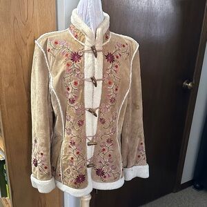 Vintage 90’s St. John's Bay Tan Embroidered Teddy Toggle Jacket with Cream Trim